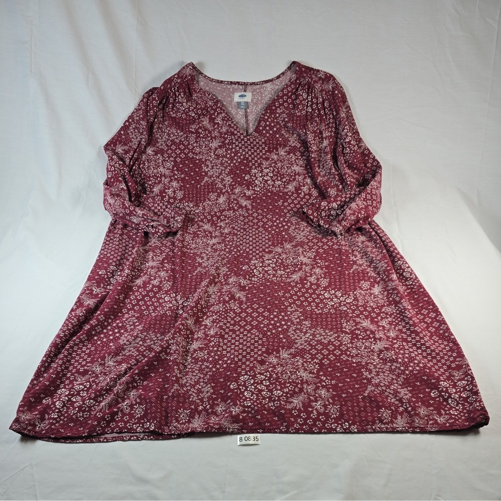 Old Navy Size XXL Woman's Burgundy Floral Shift 3/4 Sleeve V-Neck Casual Dress